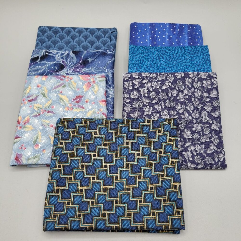 Assorted Fat Quarters Quilting Fabric Blue Tones Floral Geometric Cotton 7 Pc